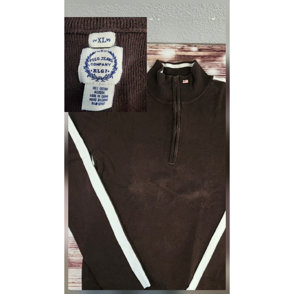 Vintage Y2K Polo Jeans RL Flag 1/4‎ Zip Sweater Brown Stripe Logo Top XL Womens